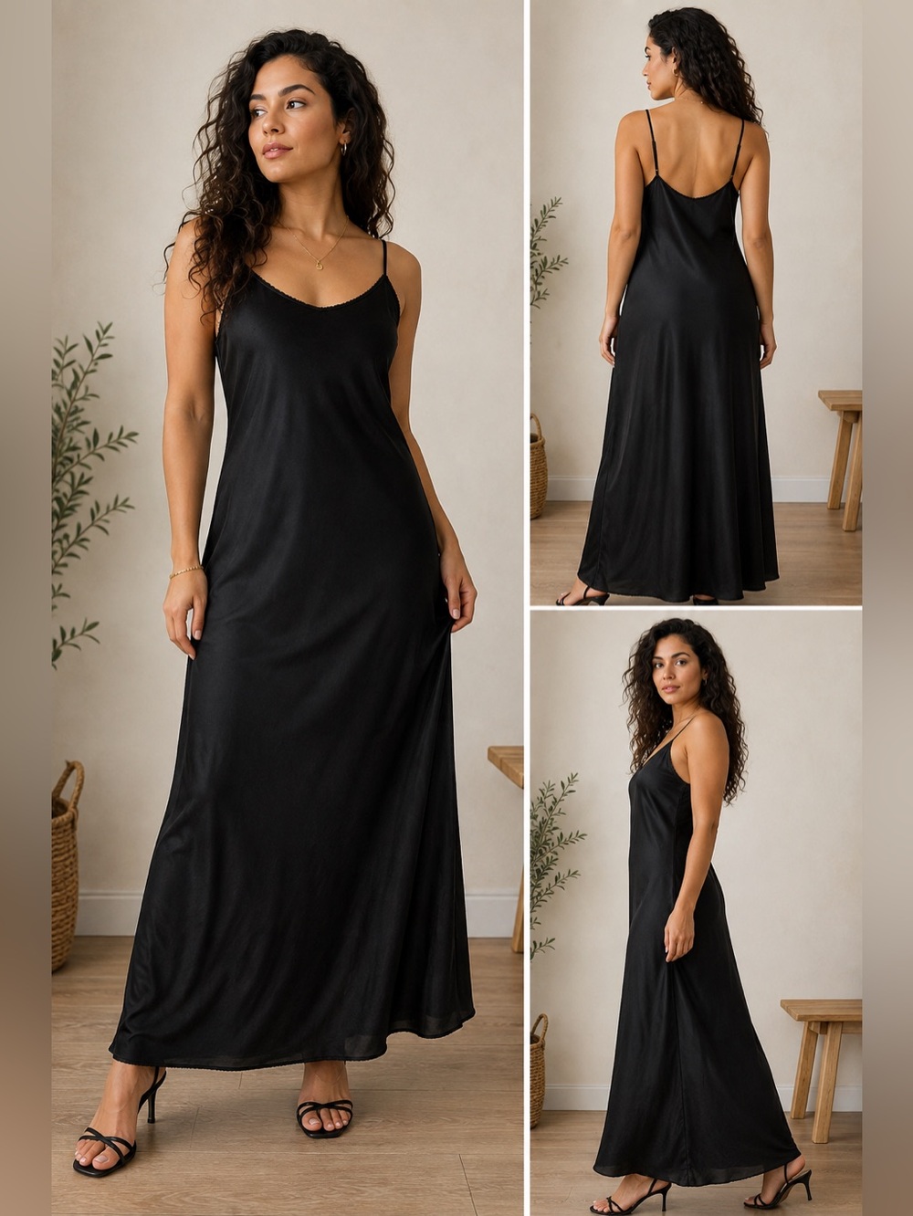 Vintage Vanity Fair Black Full Slip Maxi Dress 90s Minimalist Dark Romance
